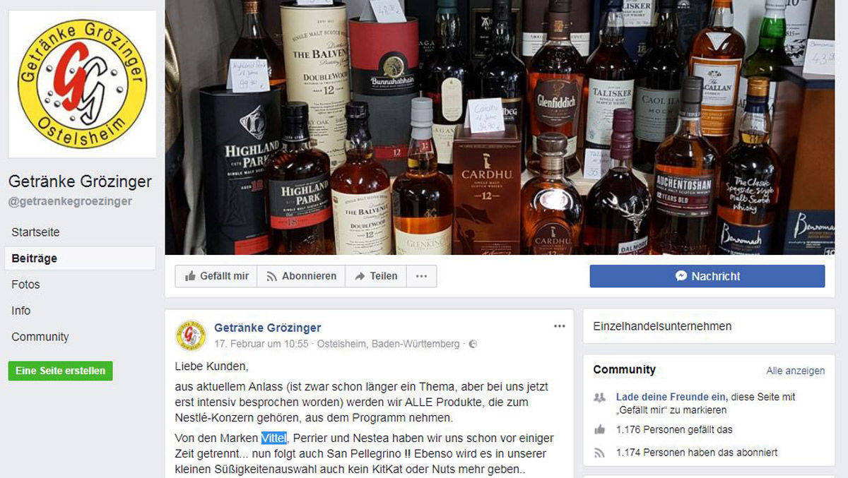 Die Ankündigung, dass Getränke Grözinger kein Nestlé mehr verkauft, erreichte mehr als 7000 Likes und knapp 4000 Shares.