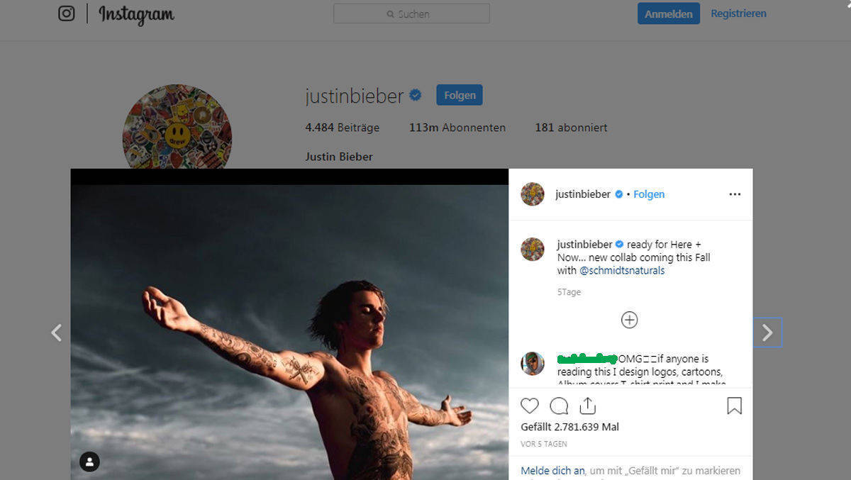 Justin Bieber präsentiert seine Achselhöhlen: So gab er die Deo-Kooperation mit Schmidt's Naturals auf Instagram bekannt.