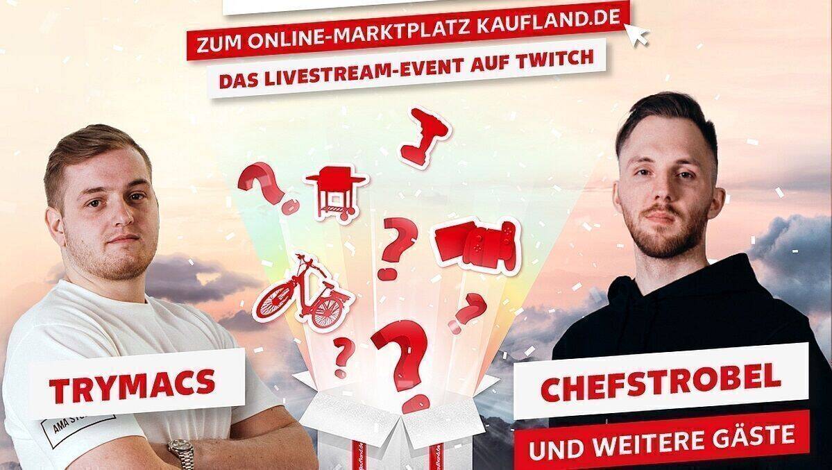 Bei dem großen Live-Opening von kaufland.de auf Twitch sind die Influencer Trymacs (links) und Chefstrobel dabei.