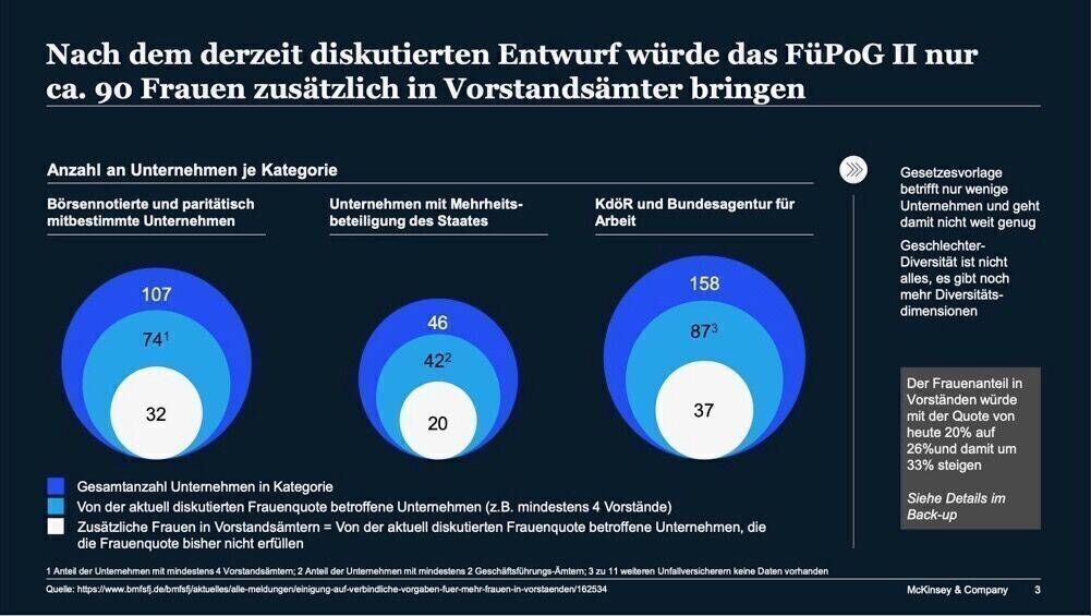 Laut einer Mc-Kinsey Analyse wird das neue Gesetz zur Frauenquote nur Auswirkungen auf 203 Unternehmen und knapp 90 Vorstandsposten haben.