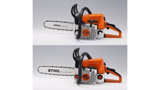 1. Preis: Die Motorsäge MS 250 von Stihl. Oben das Original aus dem schwäbischen Waiblingen, unten die Fälschung aus China.
