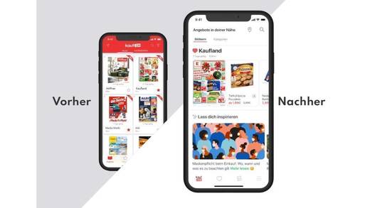 Rechts das neue, übersichtliche Design der Kaufda-App.