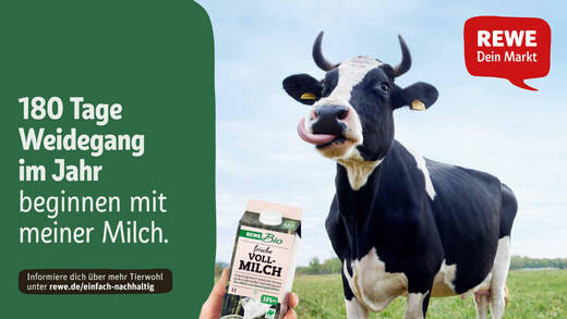 Milch von glücklichen Kühen gibt's bei Rewe.