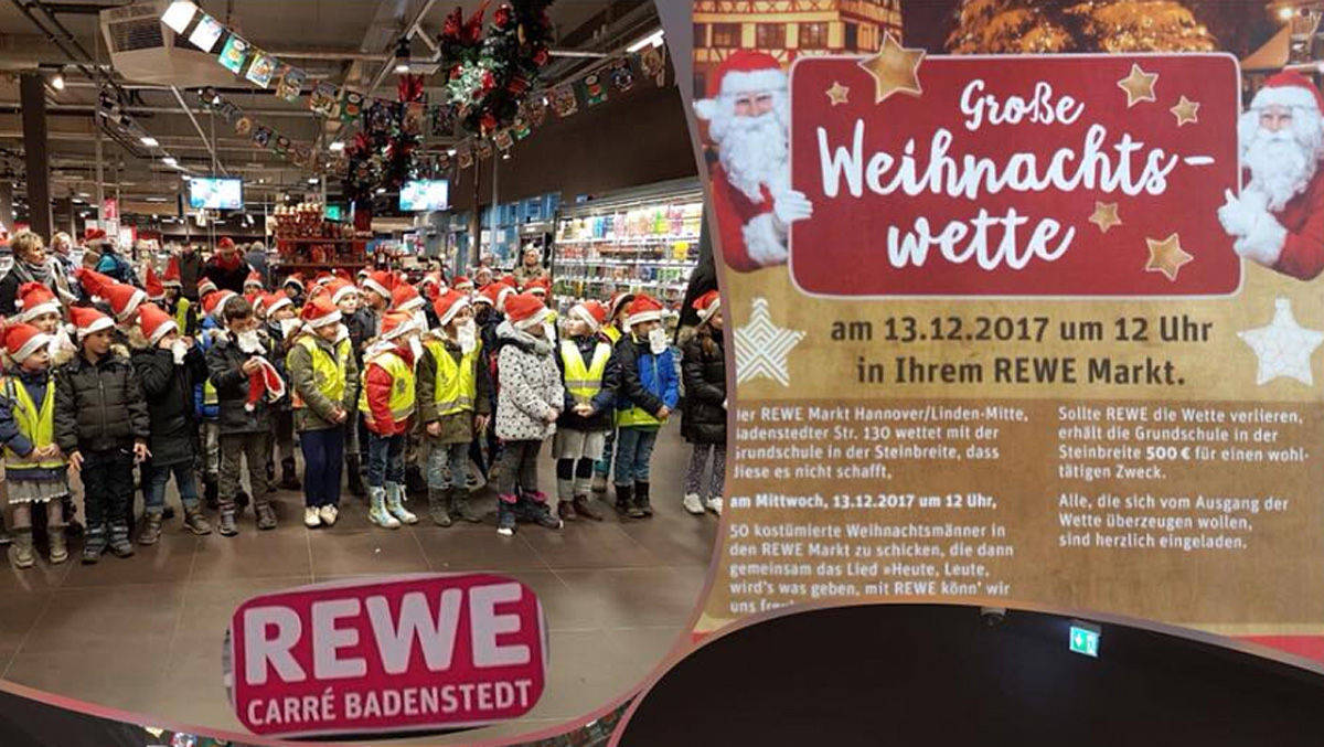 Der Rewe-Markt im Carre Badenstedt wirbt stolz für seine Werbeaktion mit Schulklassen