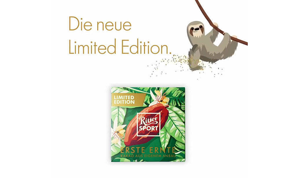 Das Faultier Don Schoko hilft auf Facebook beim Auspacken. Die Sonderedition "Erste Ernte" von Ritter Sport.