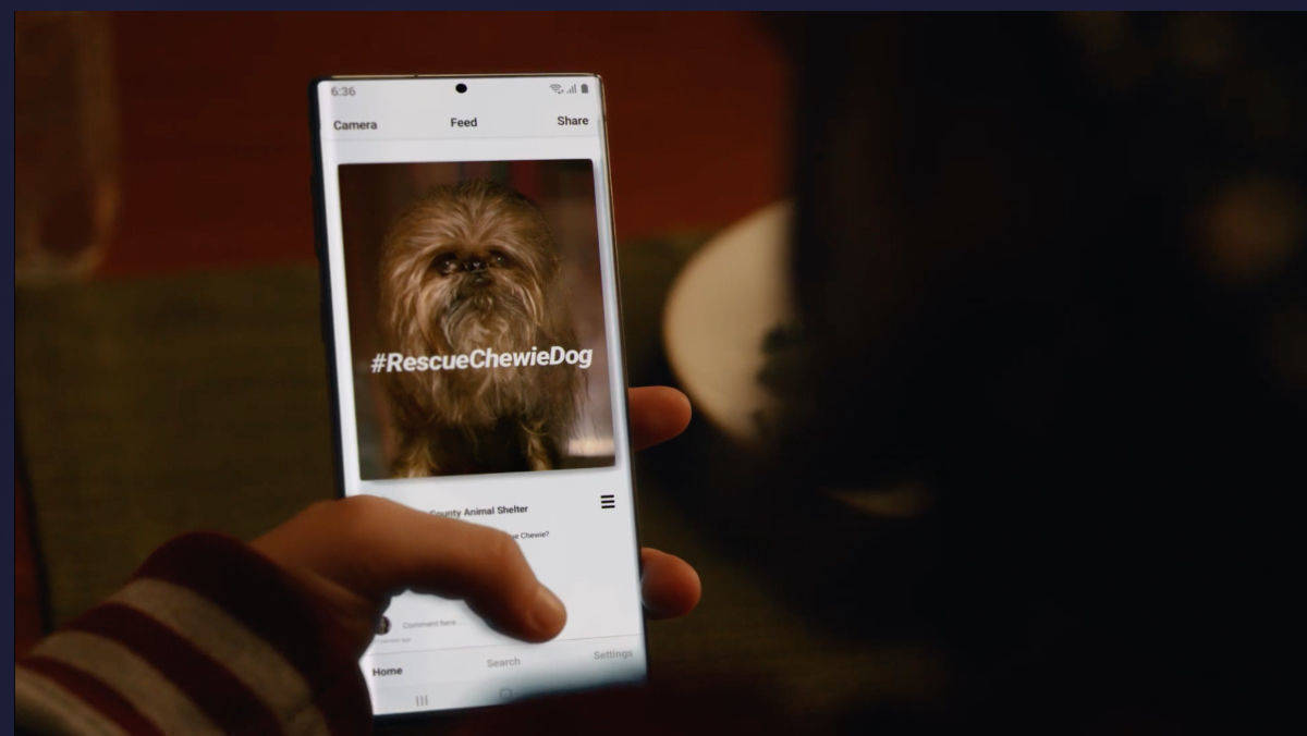 Der Hund auf dem Samsung-Telefon stammt aus dem Tierheim und erinnert Chewbacca aus Star Wars.