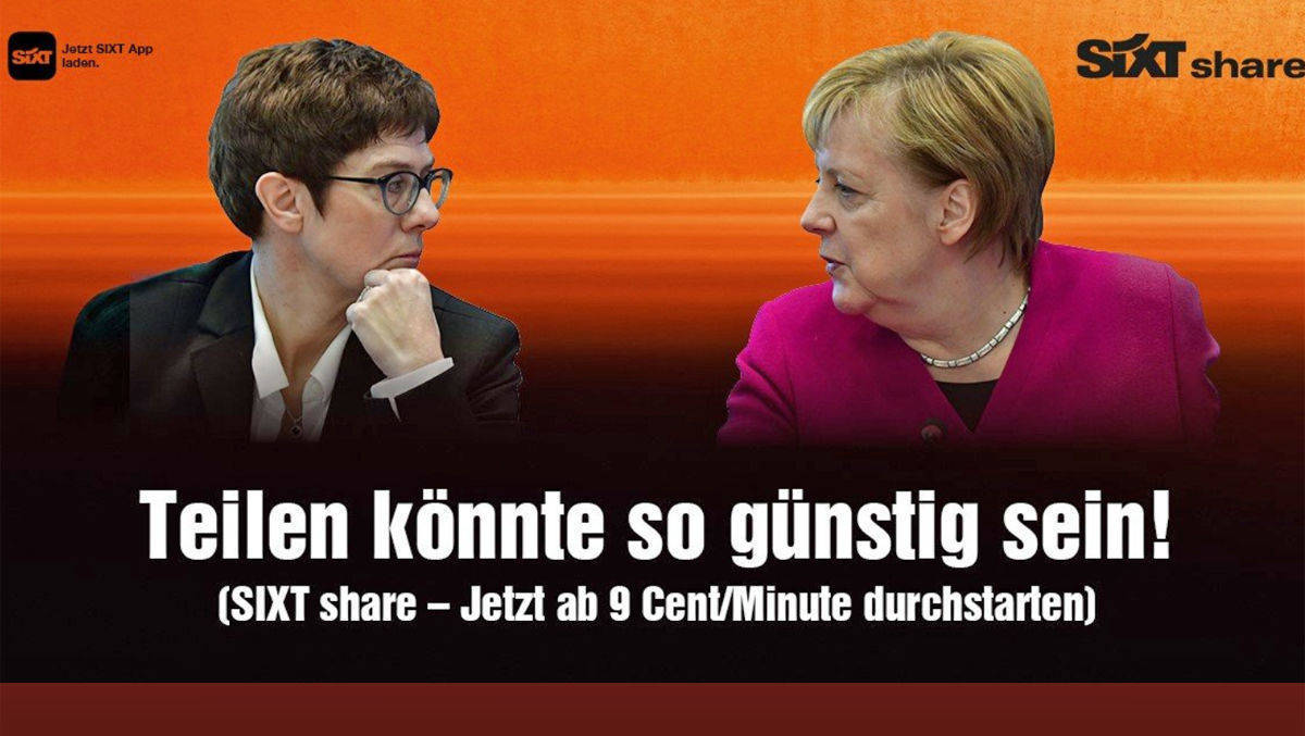 Im Sixt-Motiv sind Annegret Kramp-Karrenbauer und Angela Merkel vereint.