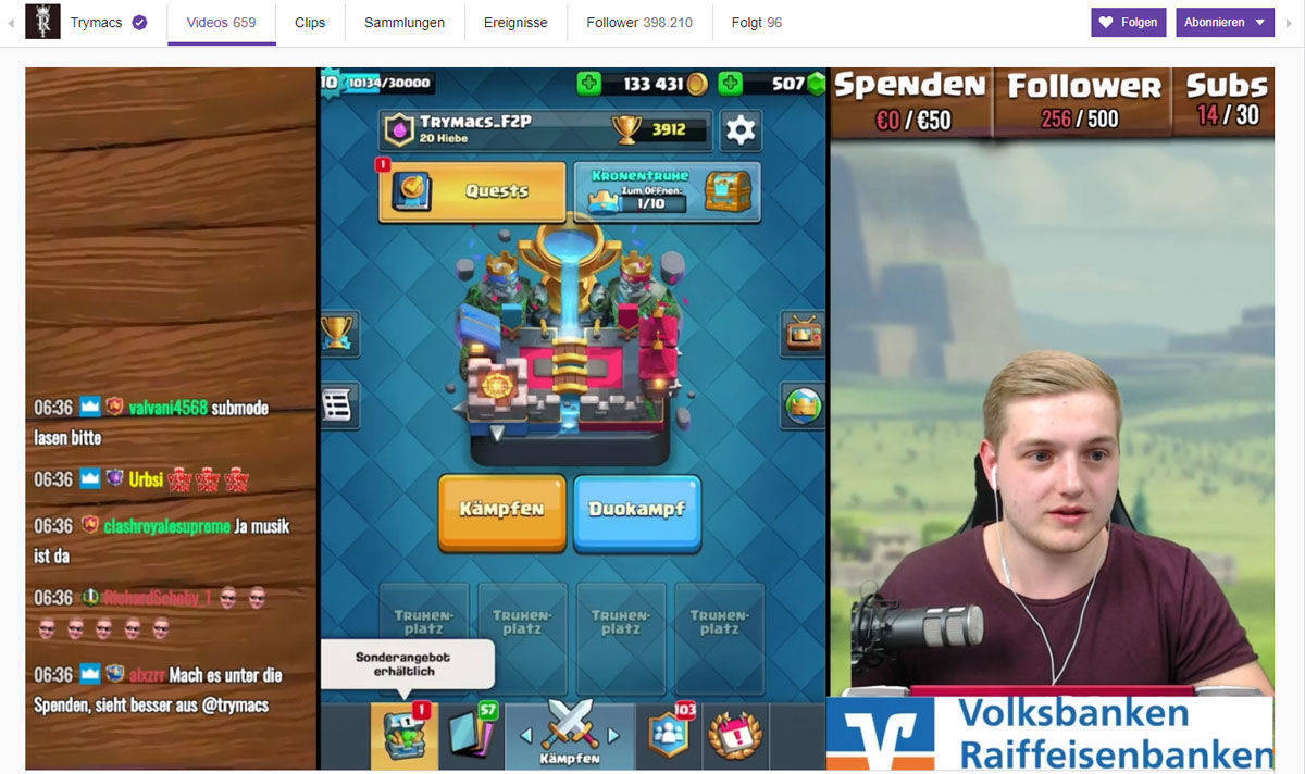 Ein Screenshot aus dem Twitch-Stream von Trymacs, der das Gamer-Konto der Volksbanken und Raiffeisenbanken promotete (Credit: @Trymacs).