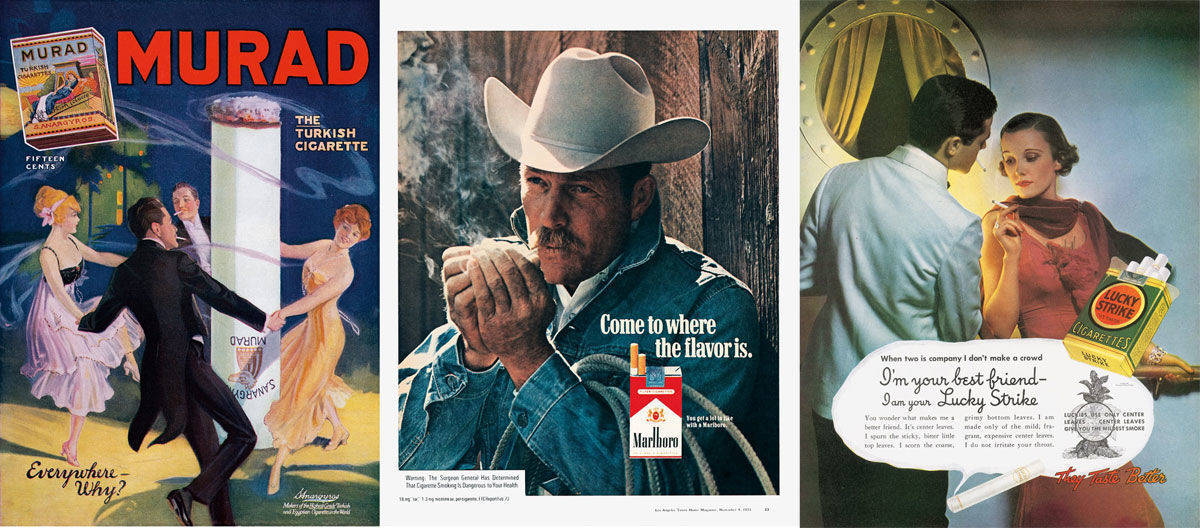 Werbung für Zigaretten von Murad 1919, Marlboro 1973 und Lucky Strike 1935 (v.l.).