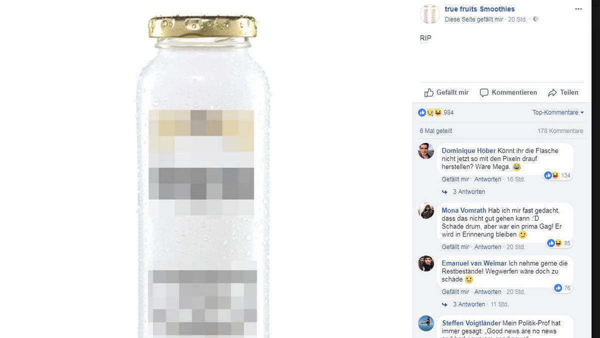 Nur noch verpixelt ist die Flasche im Marlboro-Look in den sozialen Netzwerken zu sehen. Viele User applaudieren True Fruits zu seiner Reaktion.
