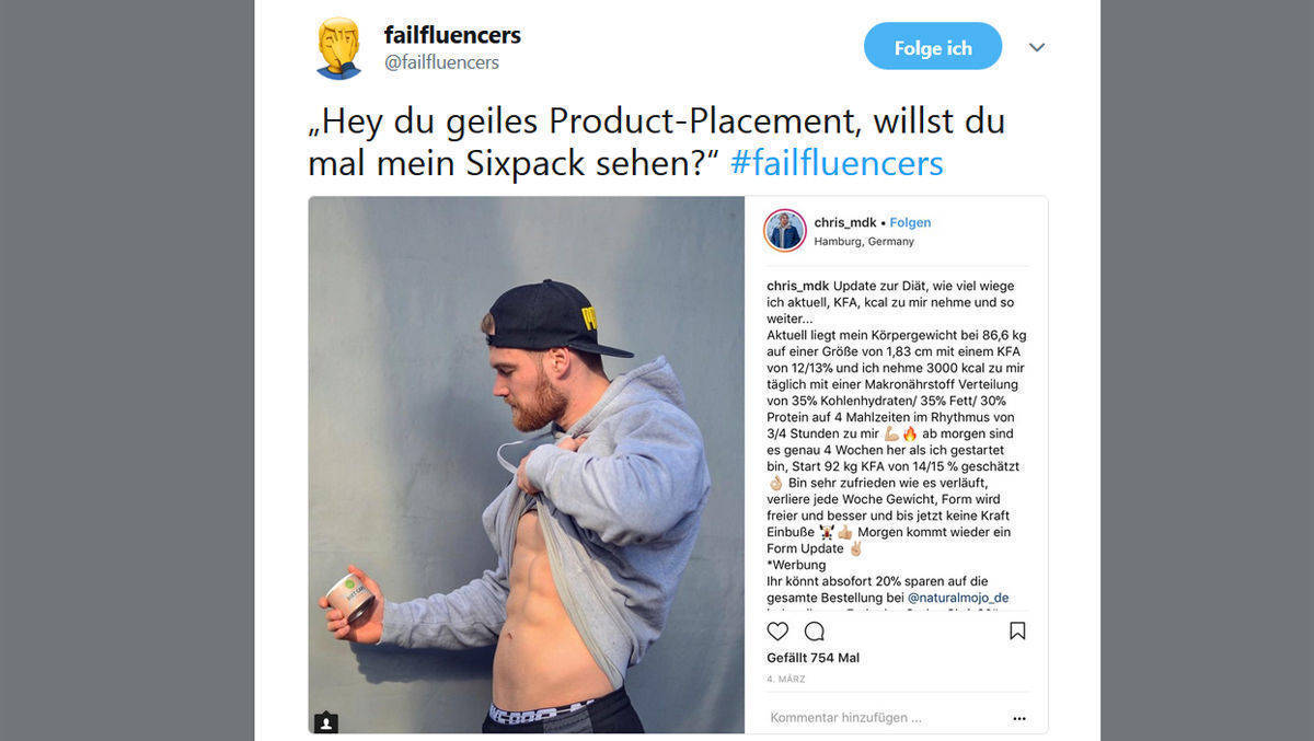Der Twitter-Account @failfluencers lästert über Influencer.