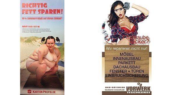 Zwei der kritisierten Motive: "Richtig fett sparen" von Kartonprofis.de und "Schraube locker?" von der Tischlerei Vorwerk.