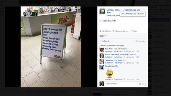 Marktleiter Helmut Solfrank kalkulierte offenbar nicht mit der Resonanz der Facebook-Gemeinde, die eigens den Event Jogginghose und Sekt kreiiert hat.