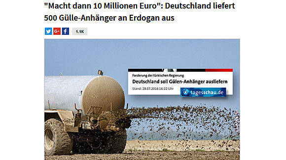 Beim "Postillon" steht, dass Deutschland mit der Türkei um den Preis von "Gülle-Anhängern" feilscht.