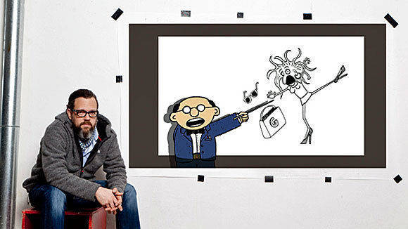 Peter "Bulo" Böhling hat erstmals eine Web-Zeichentrickserie kreiert: Sein Prof. Dr. Hans Hektisch darf Medienphänomene wie "GNTM" bei Web.de/GMX/1&1 erklären.
