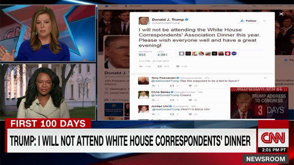 Der Sender Cable News Network, kurz CNN, sitzt in Atlanta. Was er sendet, gefällt Donald Trump oft nicht. Hier ein Bericht darüber, dass der Präsident dem Korrespondentendinner der Medien fernbleibt.