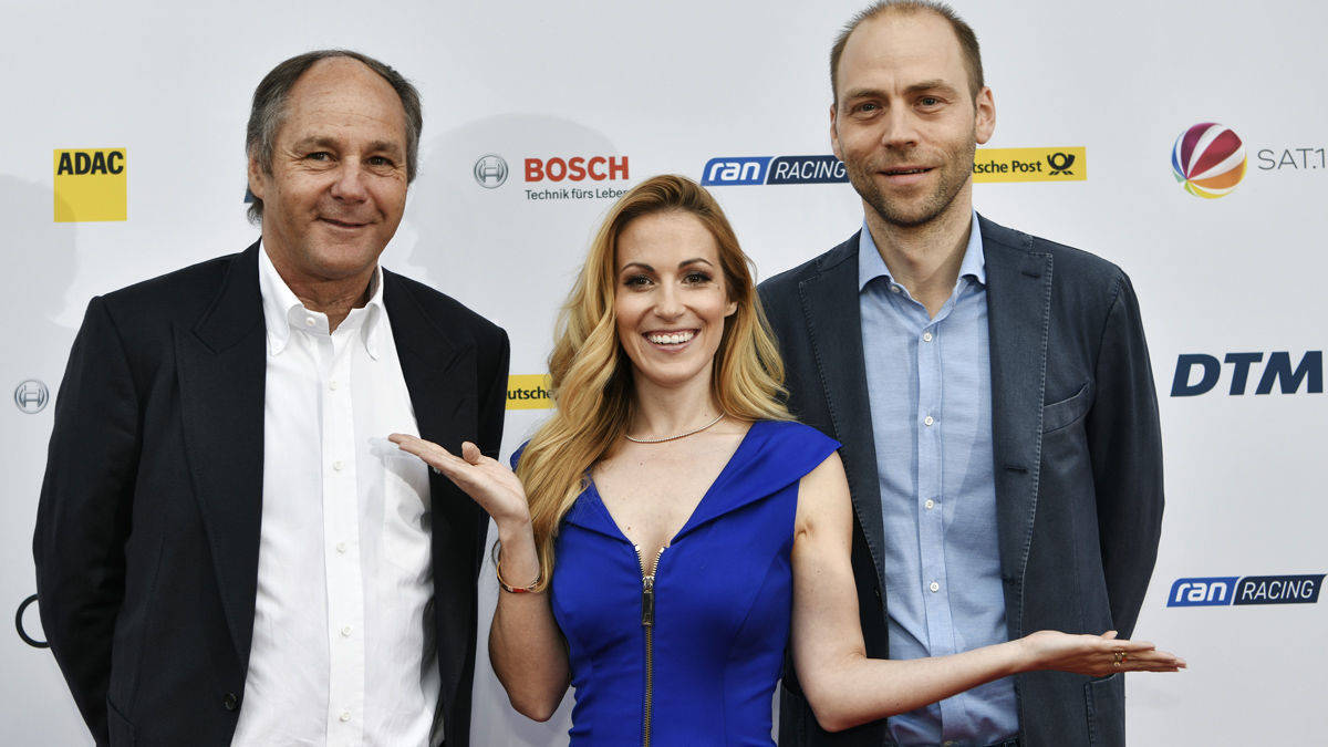 DTM-Boss Gerhard Berger, Moderatorin Andrea Kaiser und Sat.1-Chef Kaspar Pflüger 