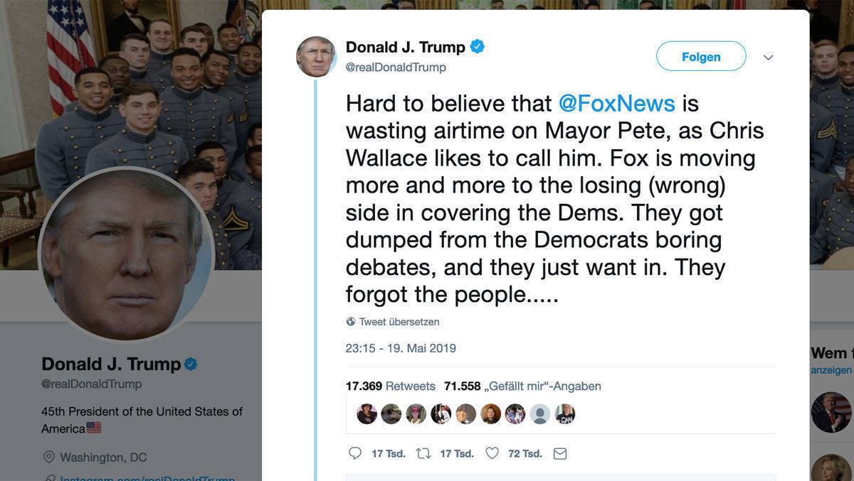 US-Präsident Trump ist unzufrieden: Der Sender Fox "verschwende" Sendezeit an den demokratischen Kandidaten Buttigieg - und bewege sich auf die "falsche" Seite der Demokraten zu.