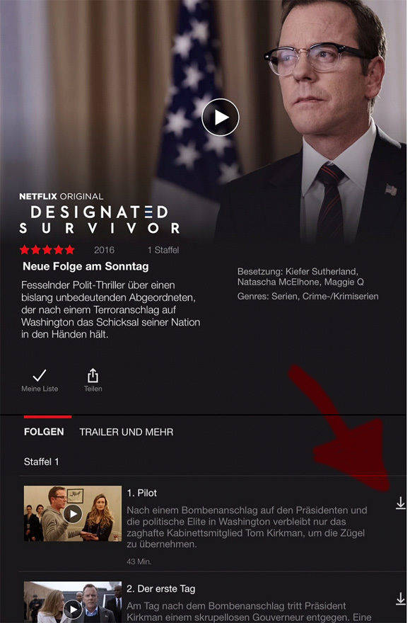 Der rote Pfeil zeigt, wo Sie das Symbol finden, das downloadfähige Folgen kennzeichnet. (Netflix-App/Screenshot)