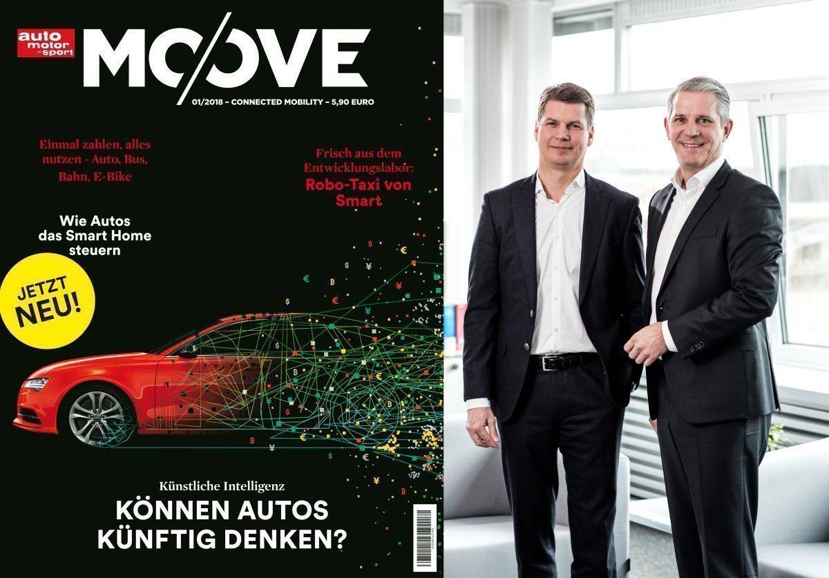 Moove, die erste Marke unter "Auto Motor und Sport". Rechts im Bild: Nils Oberschelp, Vorsitzender der Geschäftsführung (l.) und der neue Chief Digital Officer Peider Bach.