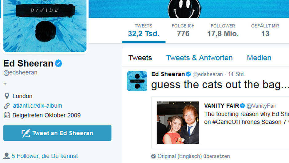 Lapidar kommentiert Ed Sheeran via Twitter: "Die Katze ist wohl aus dem Sack."