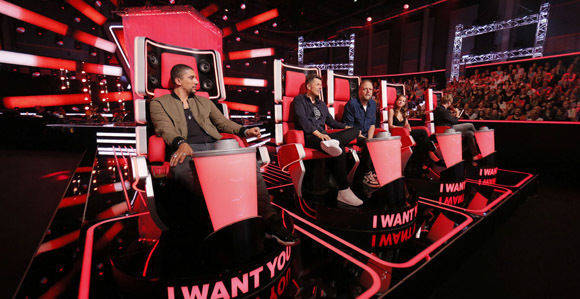 Suchen sonntags auf Sat.1 "The Voice of Germany" (v.l.): Andreas Bourani, Michi Beck und Smudo, Yvonne Catterfeld und Samu Haber.