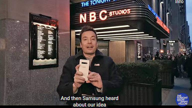 Floss Werbegeld oder nicht? Auf jeden Fall hat Samsung Jimmy Fallons Team mit Galaxy-Smartphones zum Filmen ausgerüstet.