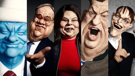 Der schlumpfige Olaf Scholz, Armin Laschet, Annalena Baerbock, Markus Söder und Karl Lauterbach (v.l.)