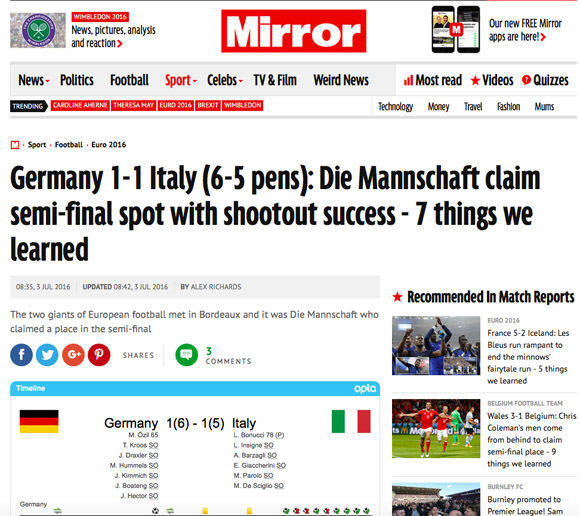 Der britische "Mirror" entdeckt einiges Wissenswerte im Spiel Deutschland - Italien.