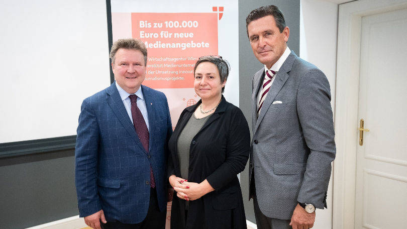 Bürgermeister Michael Ludwig, Generalsekretärin Presseclub Concordia Caniela Kraus und Stadtrat Peter Hanke präsentieren die Initiative