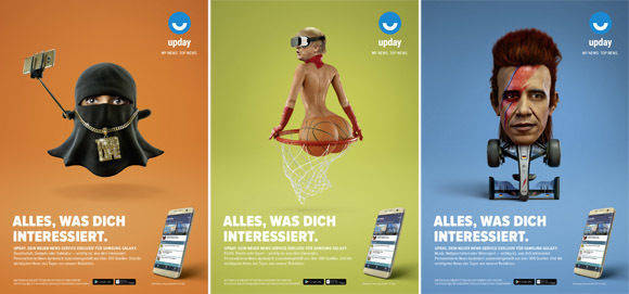 Drei Motive für Upday illustrieren, dass bei dem personalisierten News-Dienst jede Kombination erlaubt ist, die gefällt.