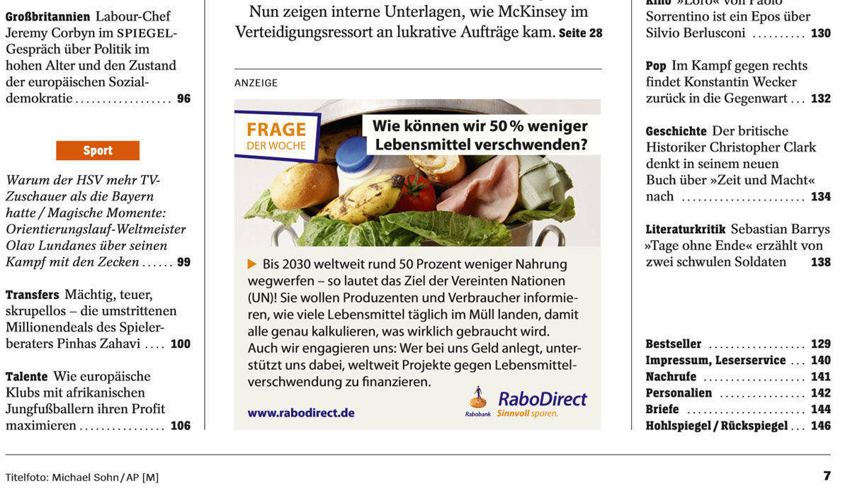 Prominent platziert im Inhaltsverzeichnis des aktuellen Spiegel: Die "Frage der Woche" von RaboDirect. 