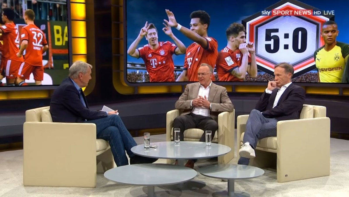 Jörg Wontorra (l.) hatte am Tag nach dem Topspiel die Vereinsbosse Watzke (r.) und Rummenigge zu Gast bei "Wontorra - der O2-Fußballtalk" auf Sky Sport News HD.