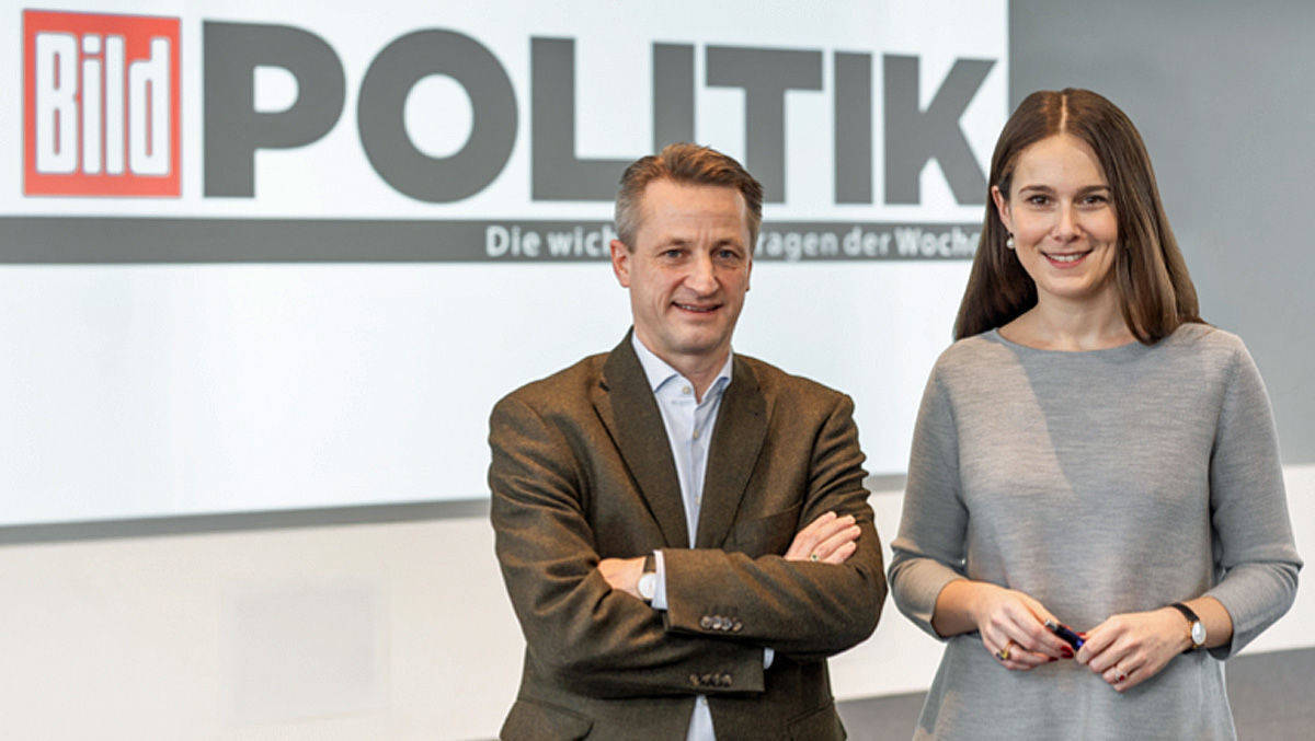 Die Redaktionsleitung des neuen wöchentlichen Magazins Bild Politik: Nikolaus Blome und Selma Stern.
