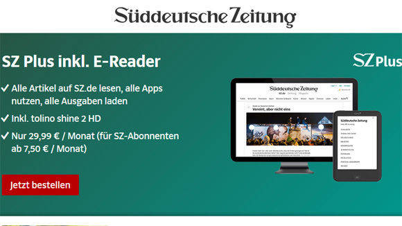 Den Tolino gibt es auf Wunsch mit dazu: Die "SZ" kommt in der E-Reader-Version.