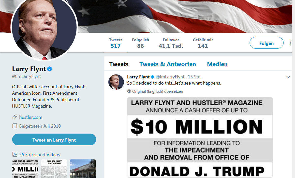 Auf Twitter macht Larry Flint auf seine Belohung aufmerksam.