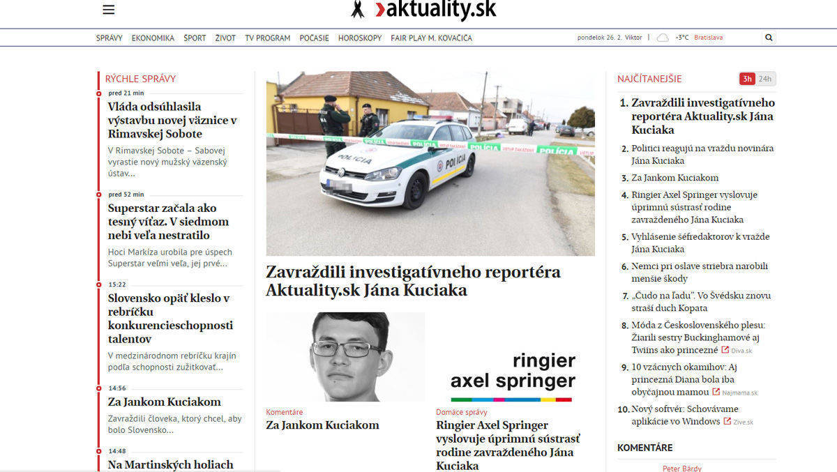 Das Nachrichtenportal Aktuality.sk, für das Jan Kuciak arbeitet, musste heute über seinen Tod berichten. 