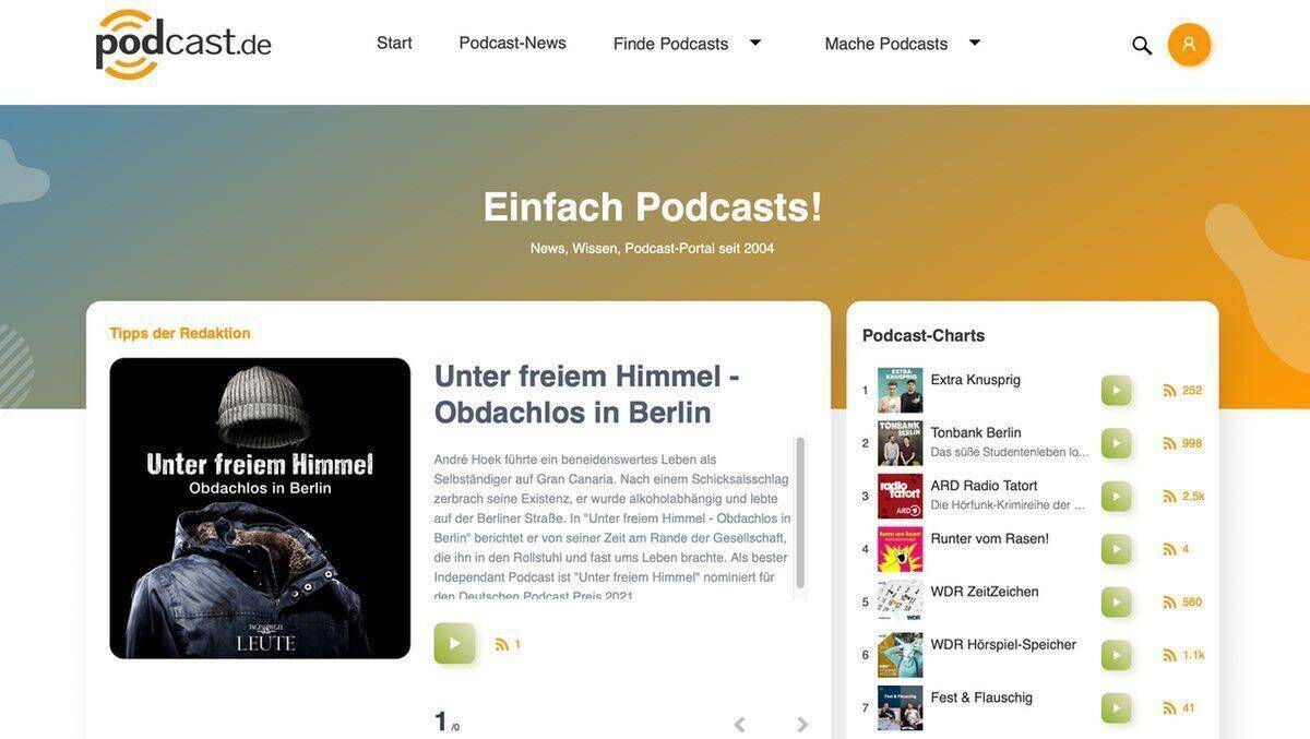 Die neue Startseite von podcast.de: viel moderner, deutlich aufgeräumter.