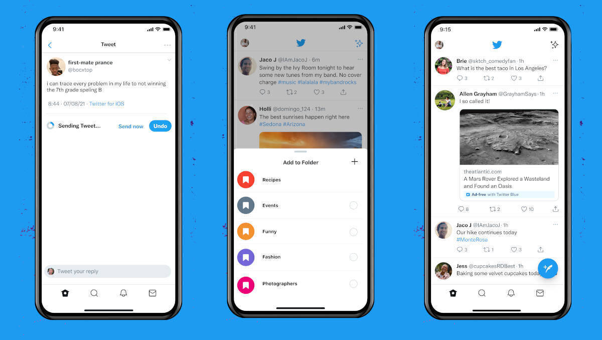 Drei Features bei Twitter Blue: Vorschau für Tweets mit der Möglichkeit, auf "Undo" zu klicken, Ordner für Bookmarks und Zugang zu werbefreien Online-Artikeln.