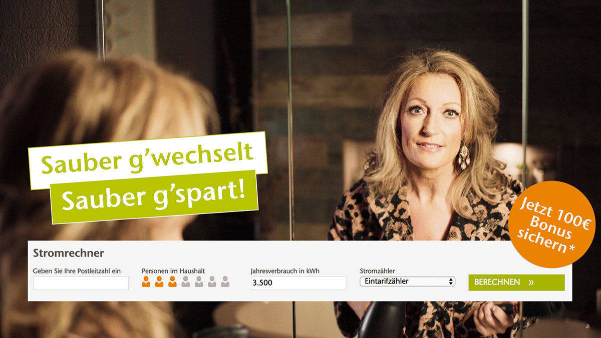 Kabarettistin Monika Gruber in der ESB-Kampagne "Sauber g'wechselt, sauber g'spart"