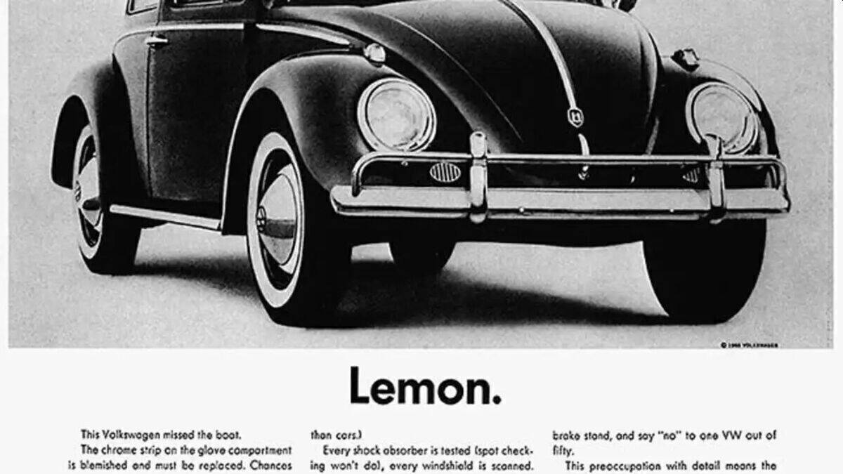 Volkswagen verwendete die klassische Futura-Schrift 1960 für die Anzeige des  VW Lemon. Es ist Steve Mattesons Lieblingsanwendung des Schriftklassikers. 